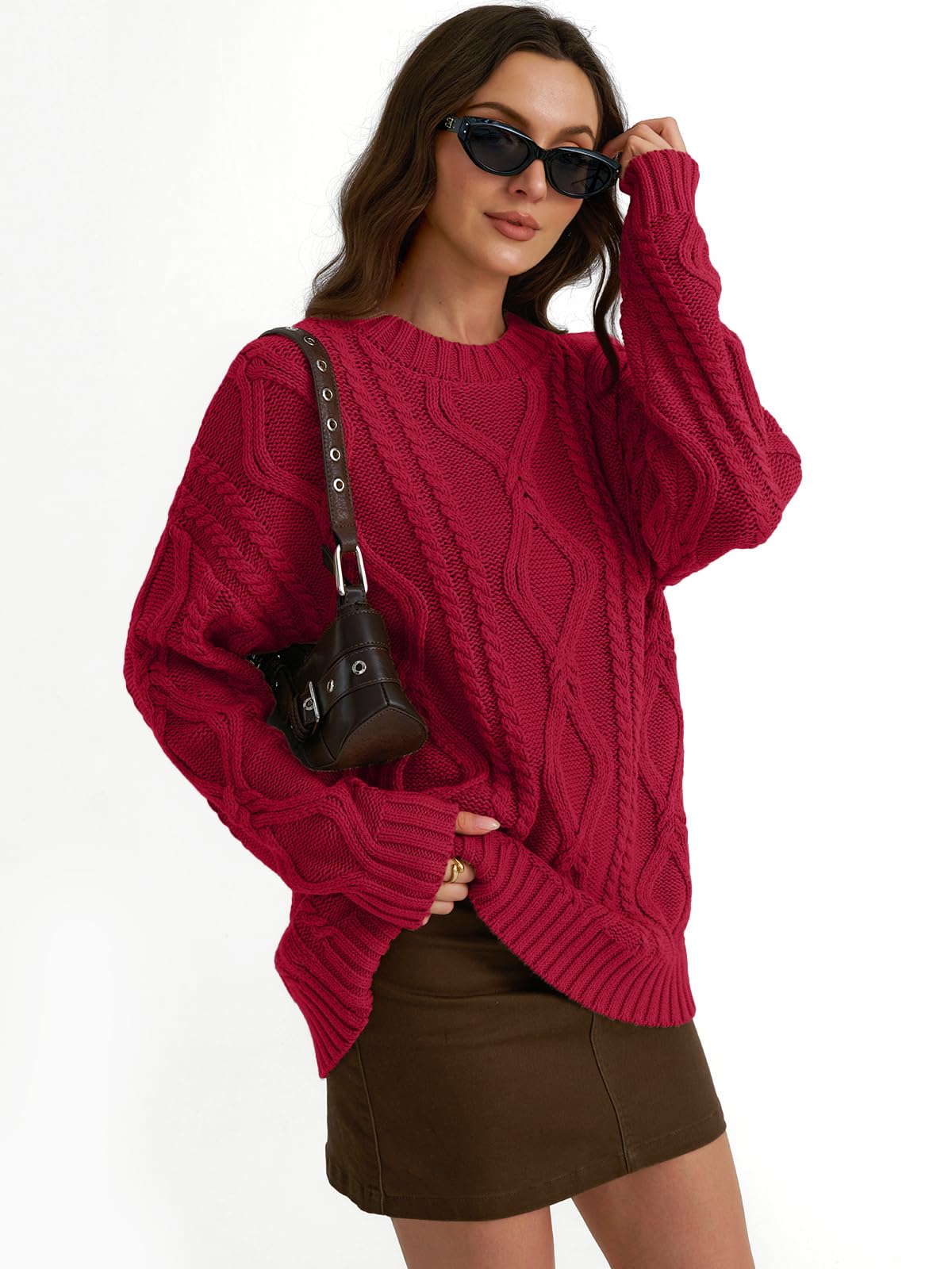 Trendy Queen Oversized Sweaters Womens 2025 Fall Fashion Outfits Cable Knit Crewneck Plus Size Pullover Cute Chunky Long Tunic Top Winter Old Money Clothes with Leggings Clothing Red