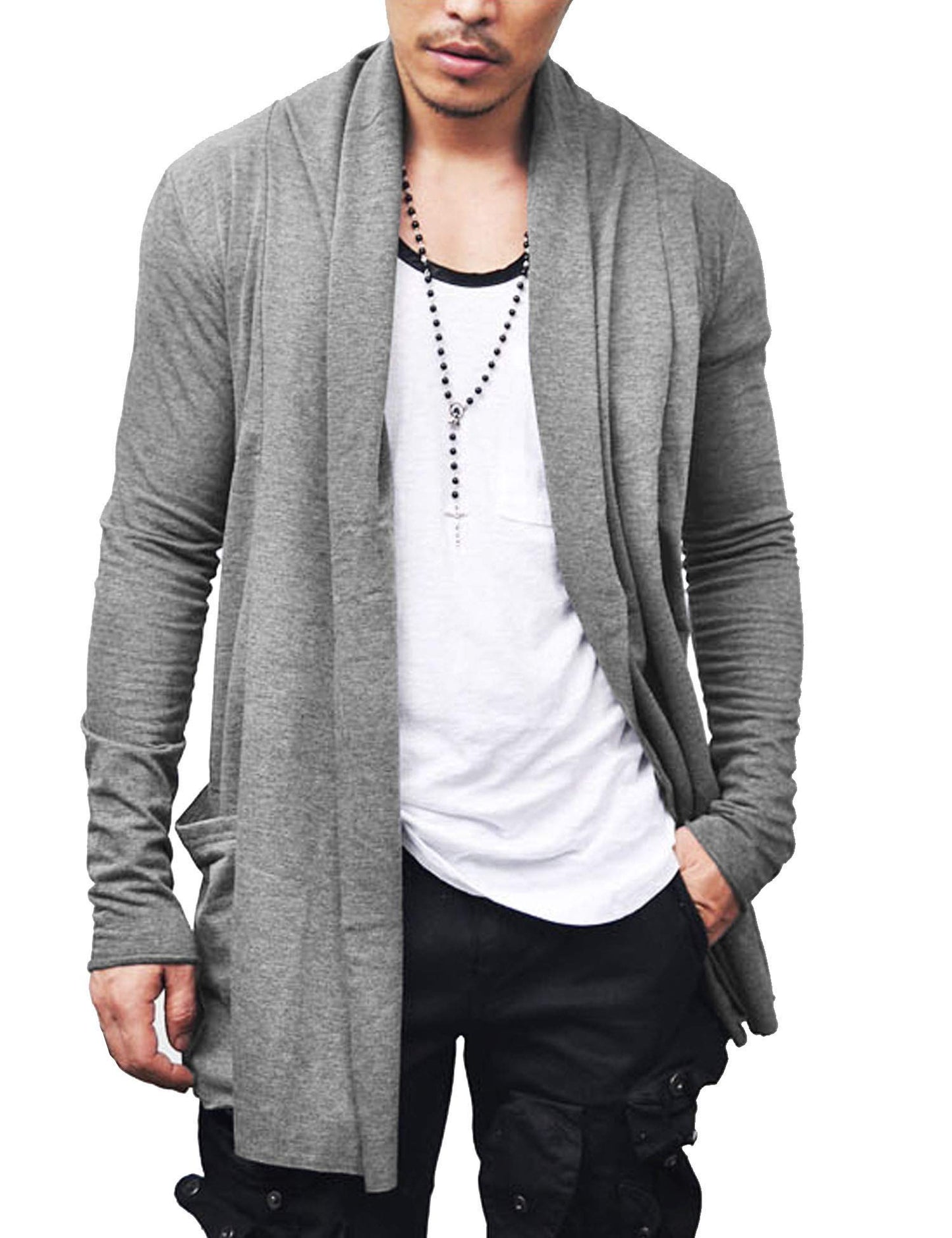 COOFANDY Mens Ruffle Shawl Collar Open Front Lightweight Long Length Drape Cape Overcoat Sweater with Pockets Grey Medium