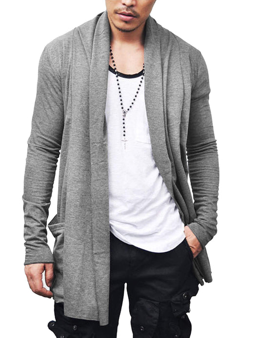 COOFANDY Mens Ruffle Shawl Collar Open Front Lightweight Long Length Drape Cape Overcoat Sweater with Pockets Grey Medium