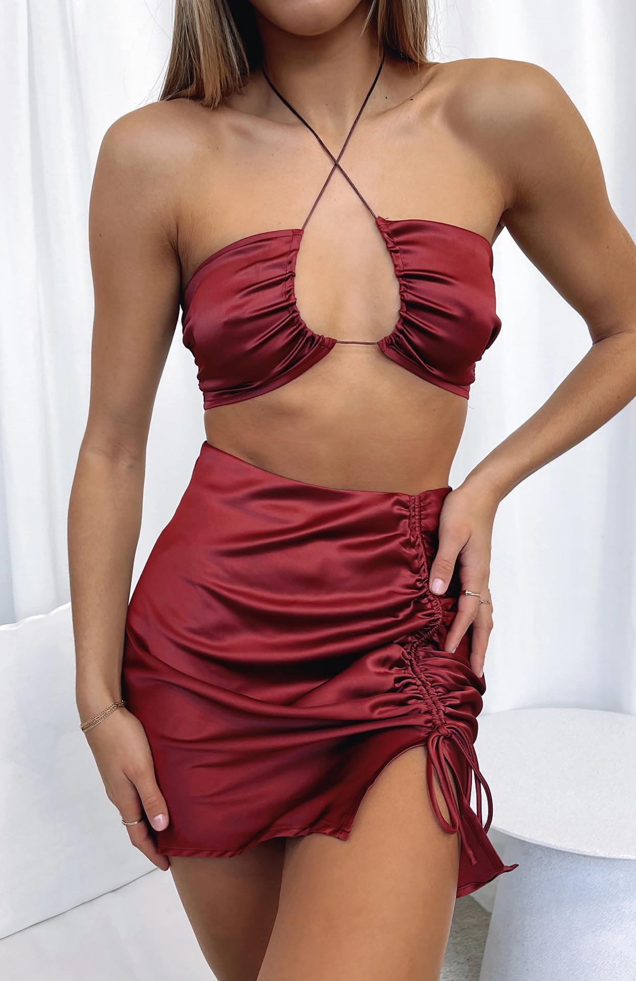 ZAFUL Women Satin Mini Skirts Sexy High Waisted Ruched Silk Bodycon Split Zipper Short Skirt (Red, M)