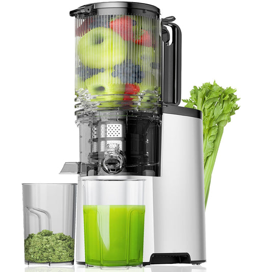 Cold Press Juicer, 5.8" Wide Feed Chute Juice Extractor Machine with 400W, High Juice Yield, Slow Masticating Juicer for Whole Vegetables & Fruits, Metallic Silver