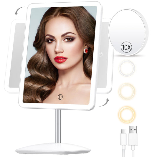 COSMIRROR Makeup Mirror with Lights, Rechargeable 2000mAh Lighted Makeup Mirror with 10X Magnification, 360°Rotation Makeup Vanity Mirror with 3 Color Light, Touch Control Light up Mirror for Makeup