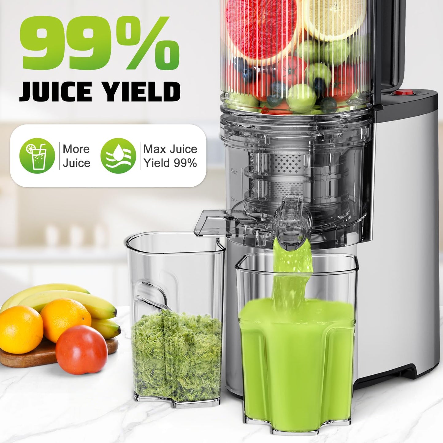Cold Press Juicer, 5.8" Wide Feed Chute Juice Extractor Machine with 400W, High Juice Yield, Slow Masticating Juicer for Whole Vegetables & Fruits, Metallic Silver