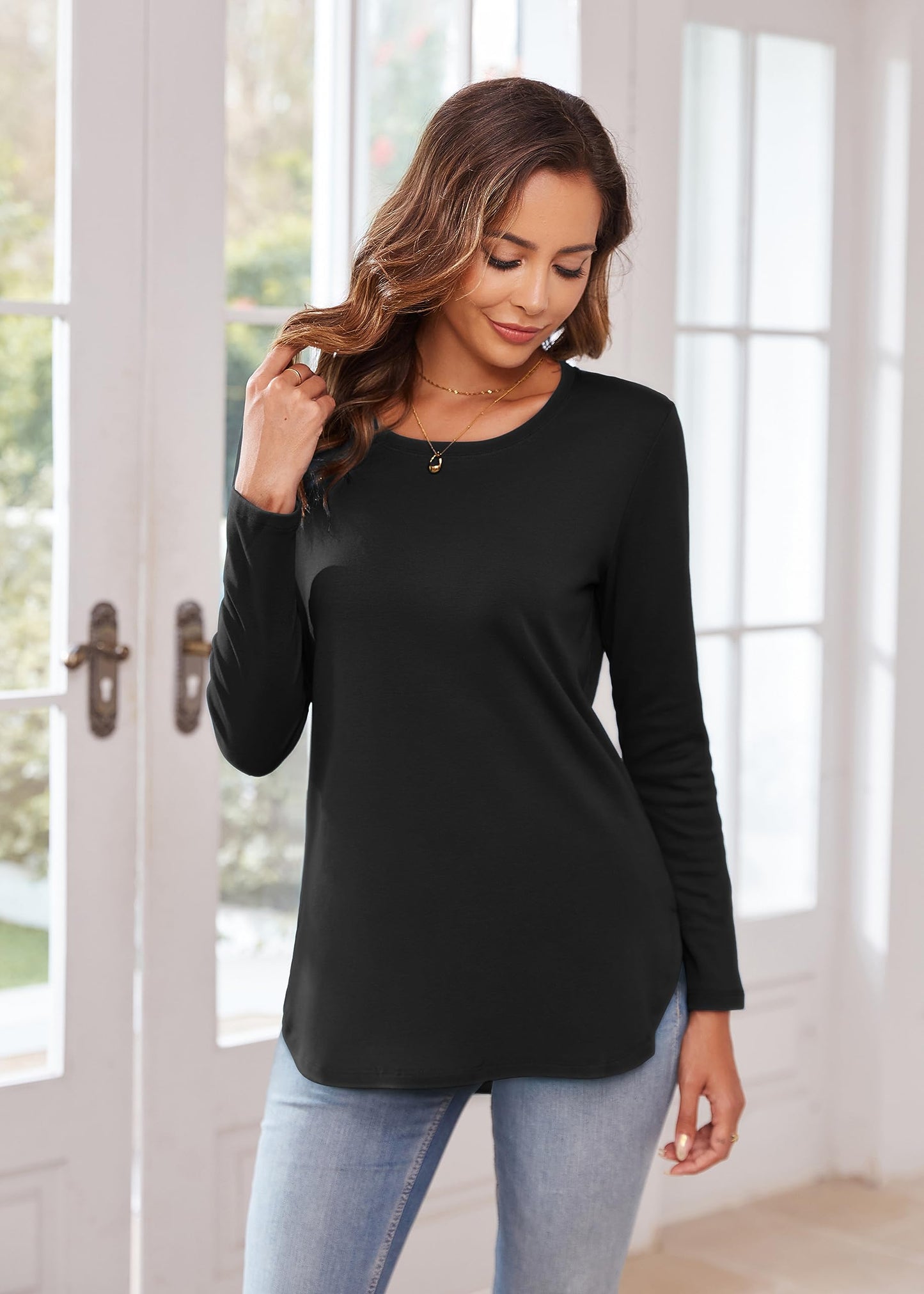 Herou Women's Casual Long Sleeve T Shirt Crewneck With Side Split Fall Pullover Loose Tunic Sweater Tops