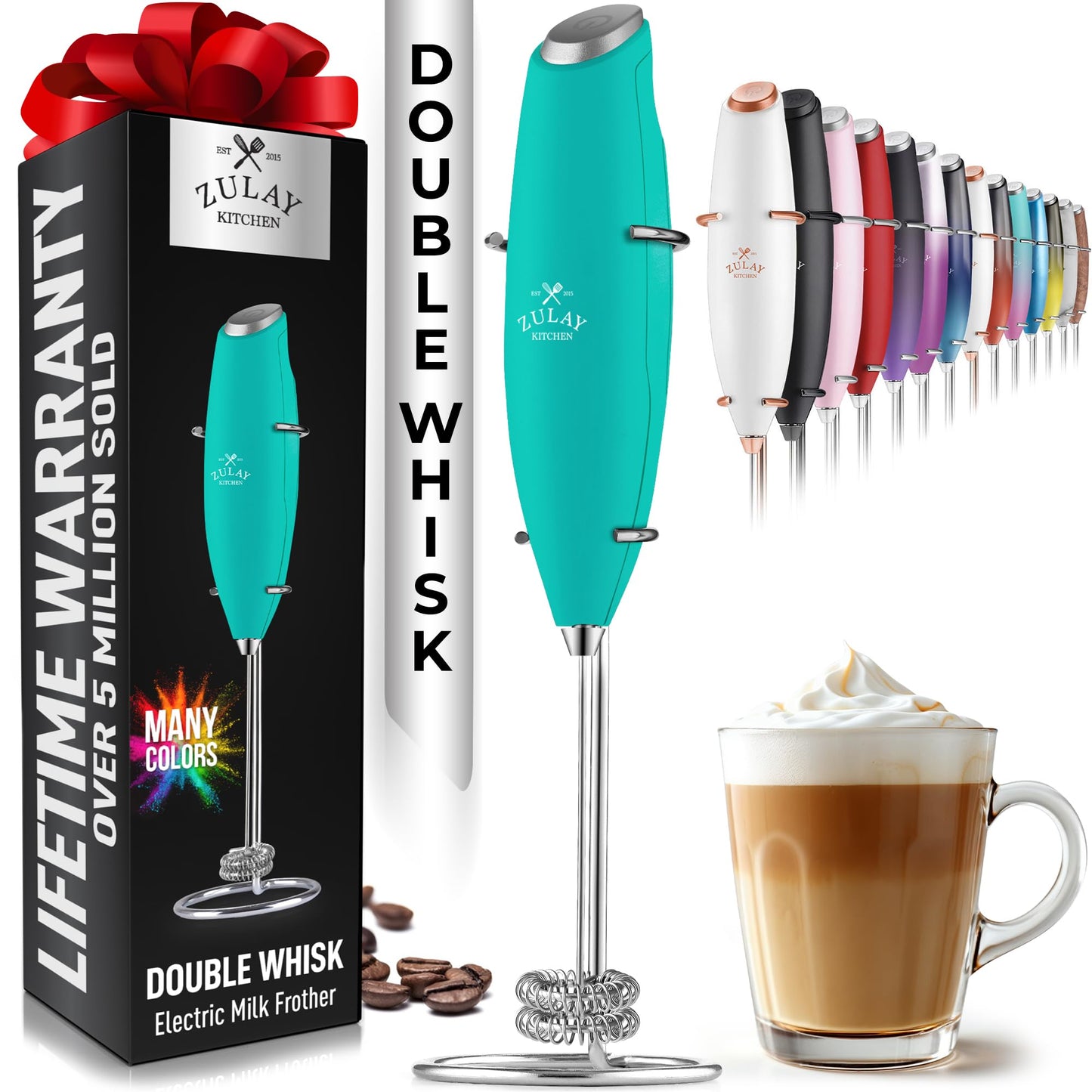 Zulay Kitchen Powerful Double Whisk Milk Frother Handheld - Foam Maker With Stand - Whisk Drink Mixer for Coffee, Mini Foamer for Latte, Matcha, Frappe, Hot Chocolate & Cappuccino (Caribbean Aqua)