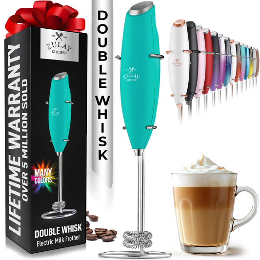 Zulay Kitchen Powerful Double Whisk Milk Frother Handheld - Foam Maker With Stand - Whisk Drink Mixer for Coffee, Mini Foamer for Latte, Matcha, Frappe, Hot Chocolate & Cappuccino (Caribbean Aqua)