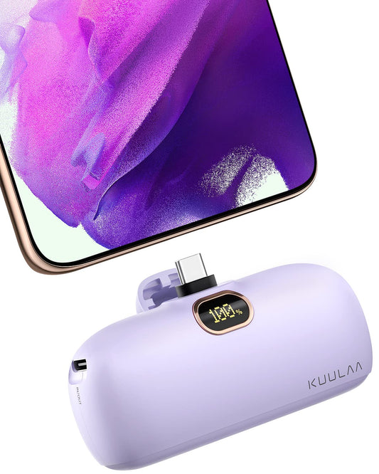 Kuulaa Portable Charger USB C with Built-in USB-C Plug, 5000mAh PD20W Fast Charging Power Bank, LCD Digital Display Battery Pack for iPhone 15/16,Samsung S22/S23 & Android (Purple)