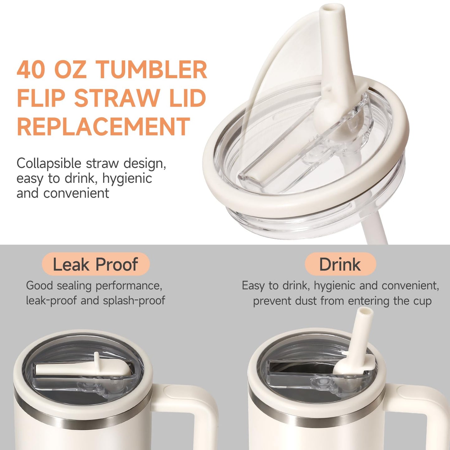 ANTAND 40oz Flip Straw Leak Proof Lid for Stanley H2.0 Quencher Protour Tumbler, 2 Pack Spill Proof Lid Replacement Straw Cover Top for 40 OZ Stanley Cup Accessories (Ash, Ash)