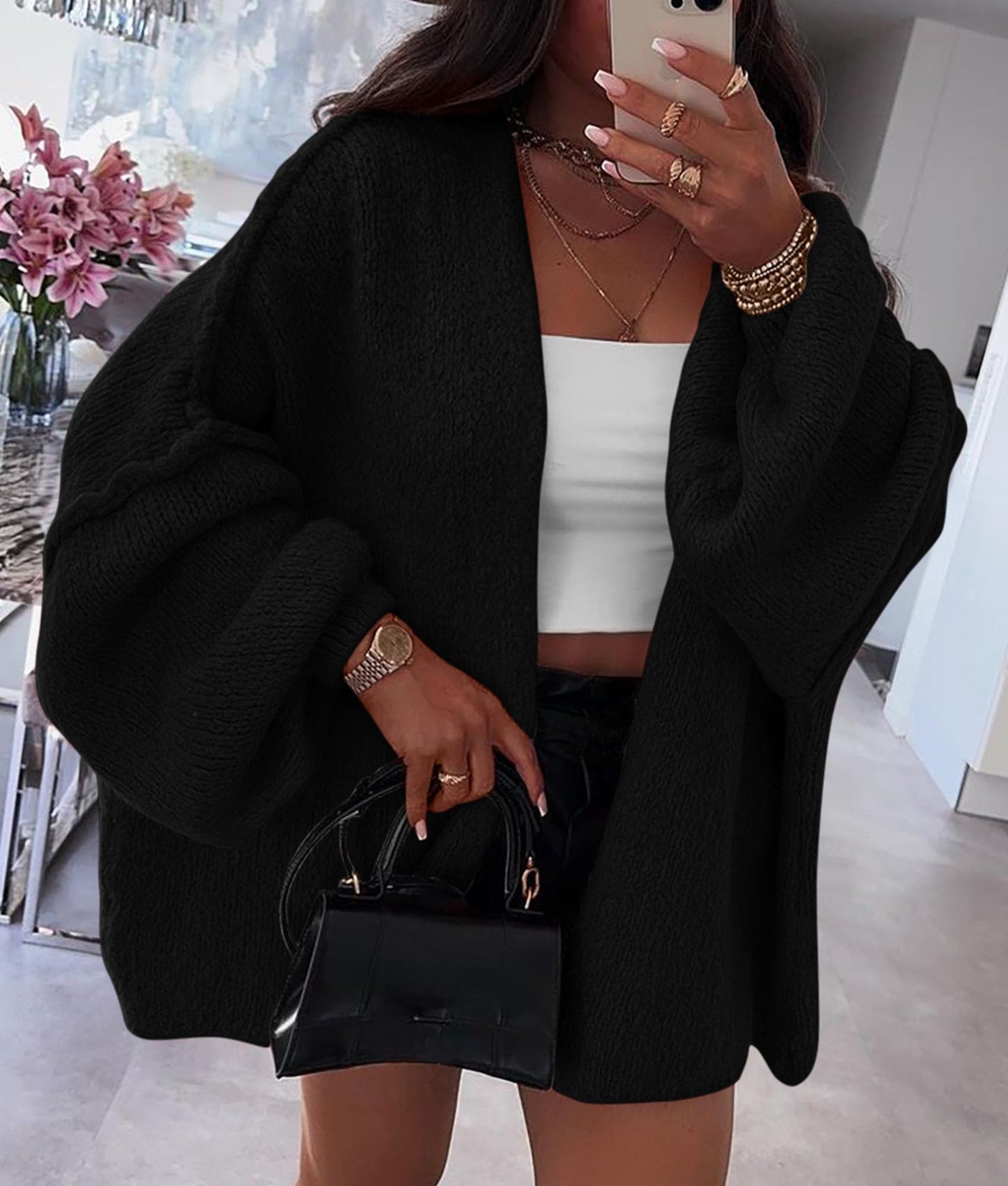 PRETTYGARDEN Womens Oversized Cardigan Sweaters 2025 Fall Long Lantern Sleeve Knit Open Front Lightweight Sweater (Black,Small)
