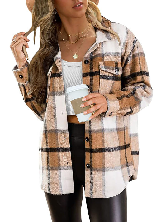 AUTOMET Womens Fall Outfits Fashion Clothes Shackets Flannel Plaid Button Down Long Sleeve Shirts Jackets Apricot XL