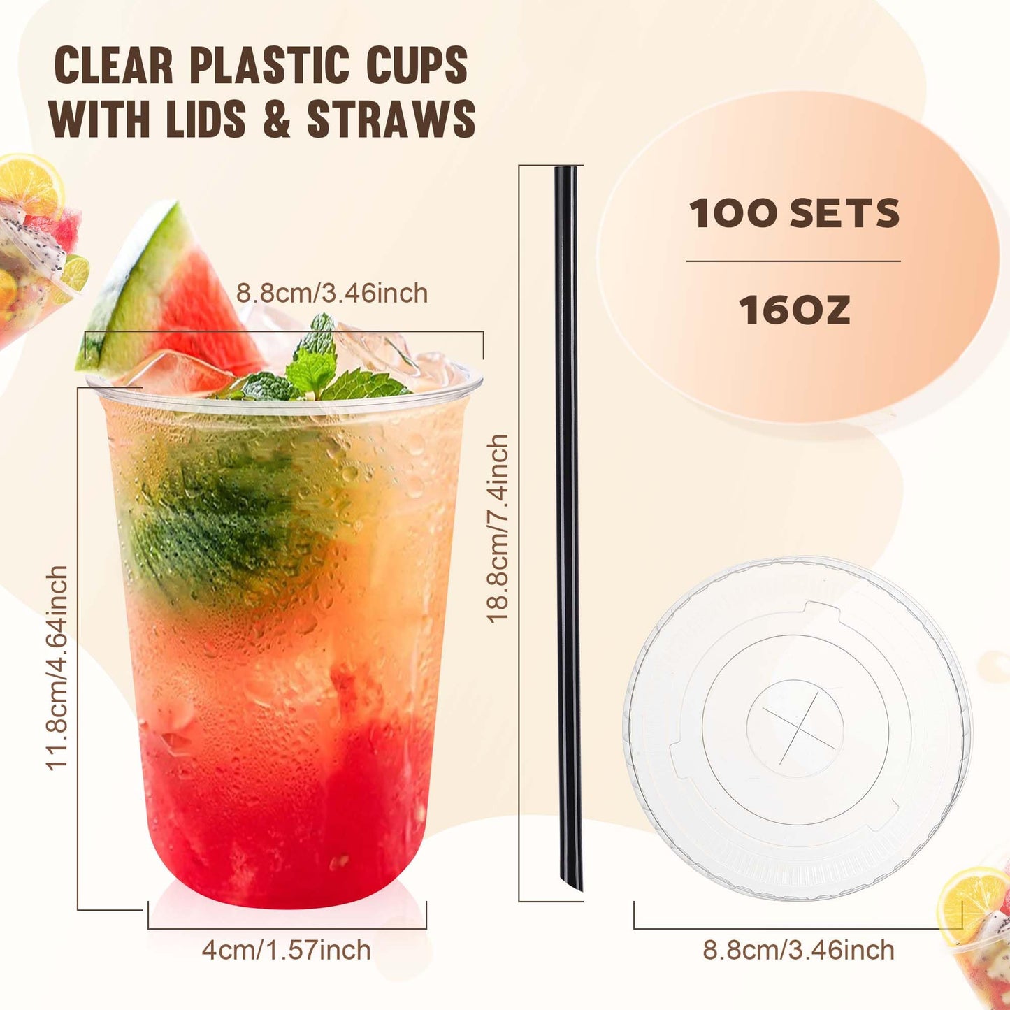 100 Set 16oz Plastic Cups with Lids and Straws, Disposable Clear Iced Coffee Cup with Lid, Round Bottom Plastic To Go Cups for Cold Drinks Slushie Smoothie Lemonade Party Picnic Coffee Shop Supplies