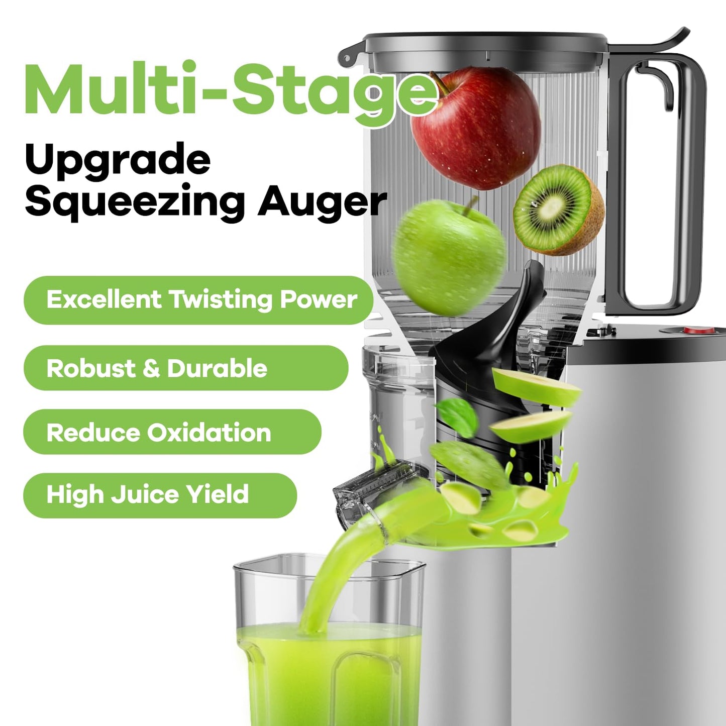 Cold Press Juicer, 5.8" Wide Feed Chute Juice Extractor Machine with 400W, High Juice Yield, Slow Masticating Juicer for Whole Vegetables & Fruits, Metallic Silver