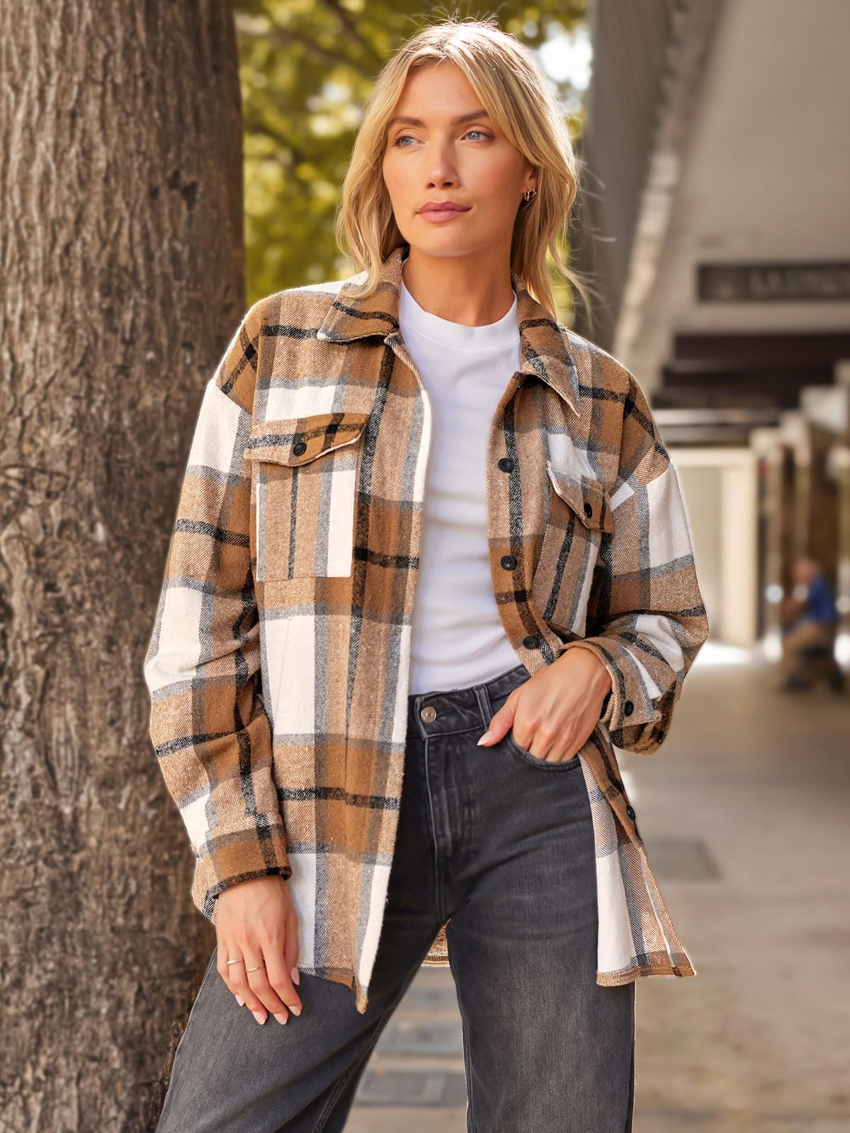 AUTOMET Womens Fall Outfits Fashion Clothes Shackets Flannel Plaid Button Down Long Sleeve Shirts Jackets Apricot XL