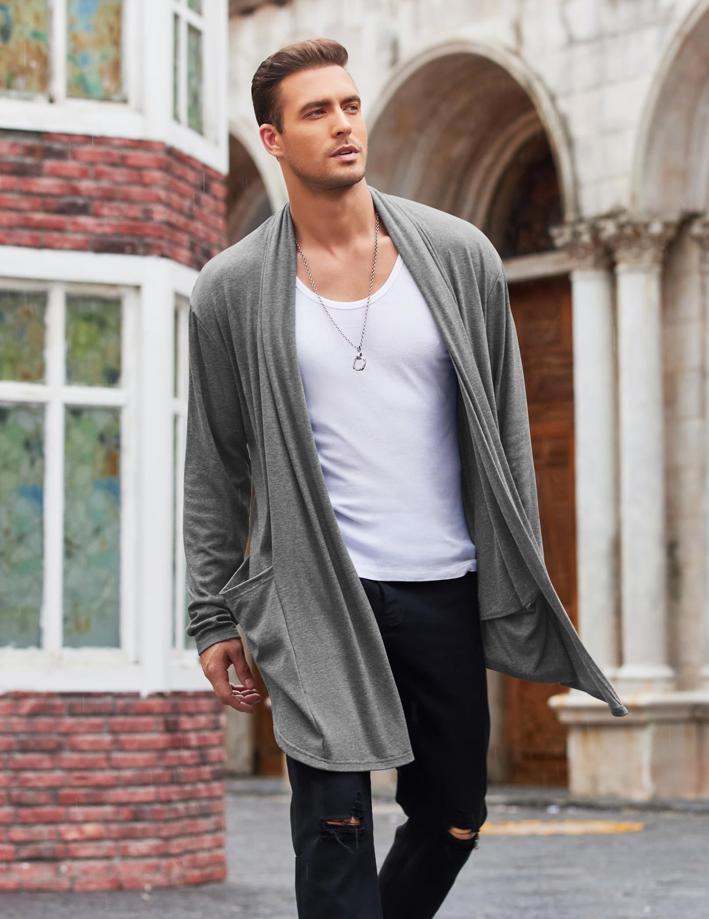 COOFANDY Mens Ruffle Shawl Collar Open Front Lightweight Long Length Drape Cape Overcoat Sweater with Pockets Grey Medium
