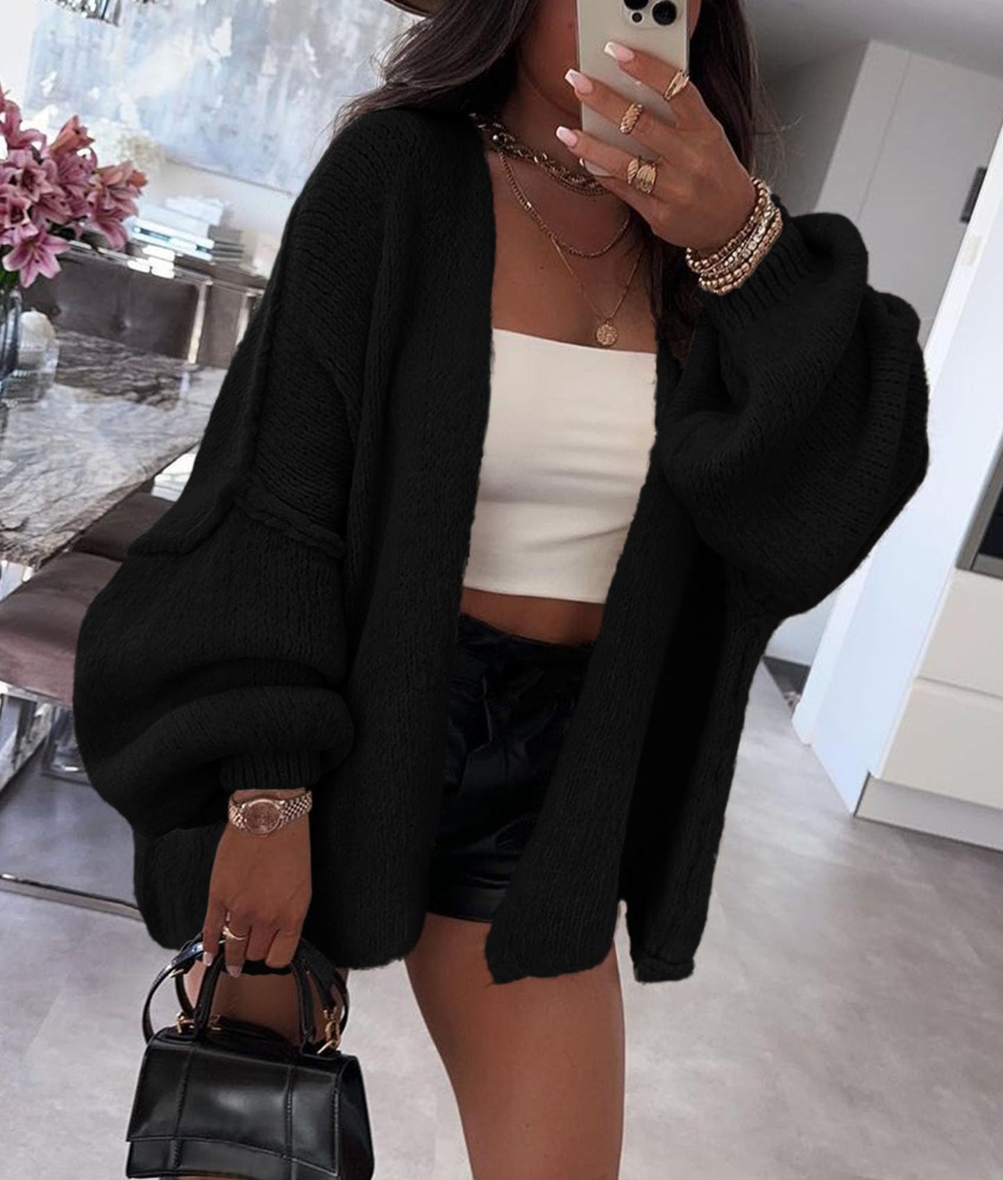 PRETTYGARDEN Womens Oversized Cardigan Sweaters 2025 Fall Long Lantern Sleeve Knit Open Front Lightweight Sweater (Black,Small)