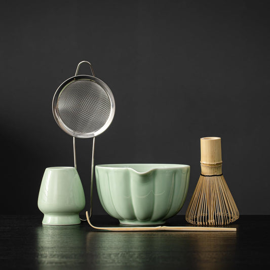SFTXEY Matcha Whisk Set, Matcha Bowl with Spout, Matcha Whisk, Chasen Holder, Sifter, Bamboo Scoop - 5 Pcs Perfect Matcha Making Kit for Matcha Lover and Tea Ceremony (Emerald Green)