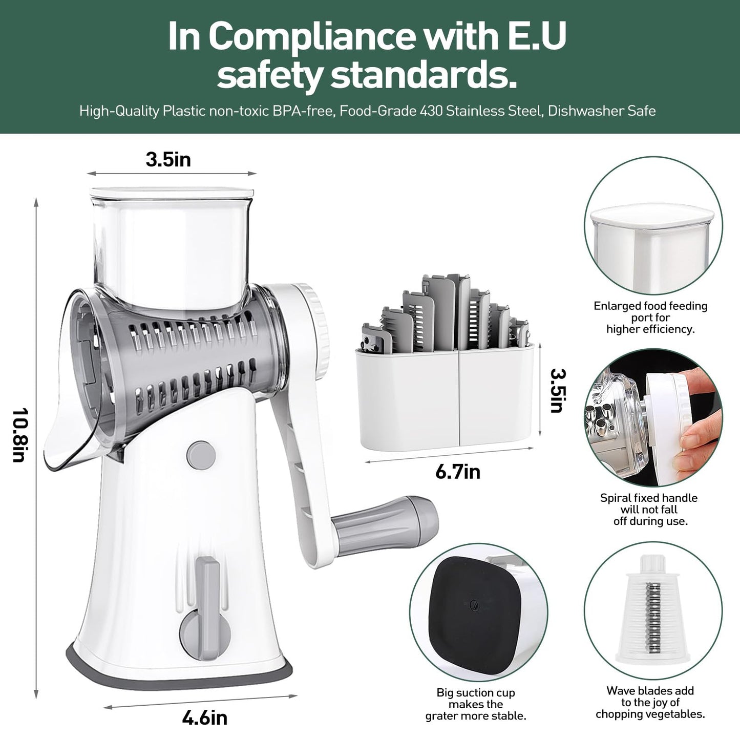 APSARAS USA Cheese Grater Hand Crank, Rotary Cheese Grater, 5 in 1 Rotary Grater, Cheese Shredder Replaceable Stainless Blades with Strong Suction Base, Easy to Clean Kitchen Gadgets with Storage Box
