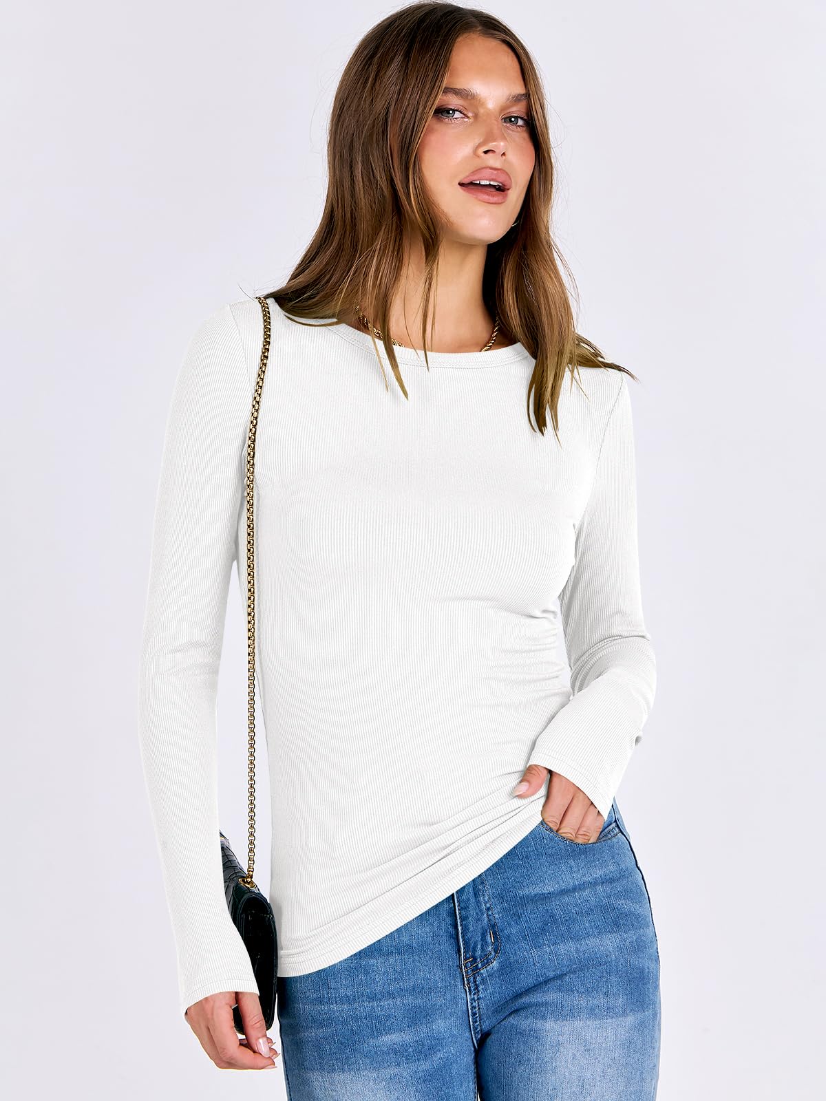ANRABESS Women Long Sleeve Crewneck Rib Knit Slim Fit Shirts Basic Tee Tops 2025 Casual T-Shirt Underscrubs Layer Outfits White X-Large