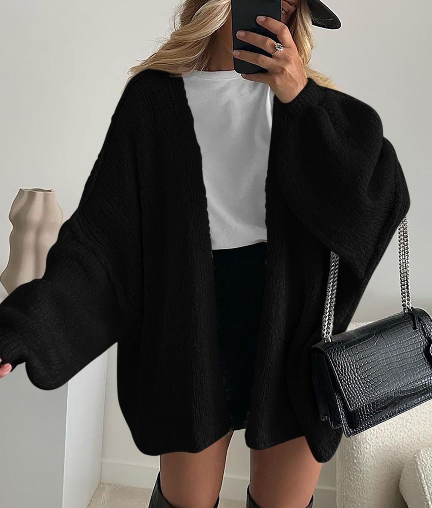 PRETTYGARDEN Womens Oversized Cardigan Sweaters 2025 Fall Long Lantern Sleeve Knit Open Front Lightweight Sweater (Black,Small)