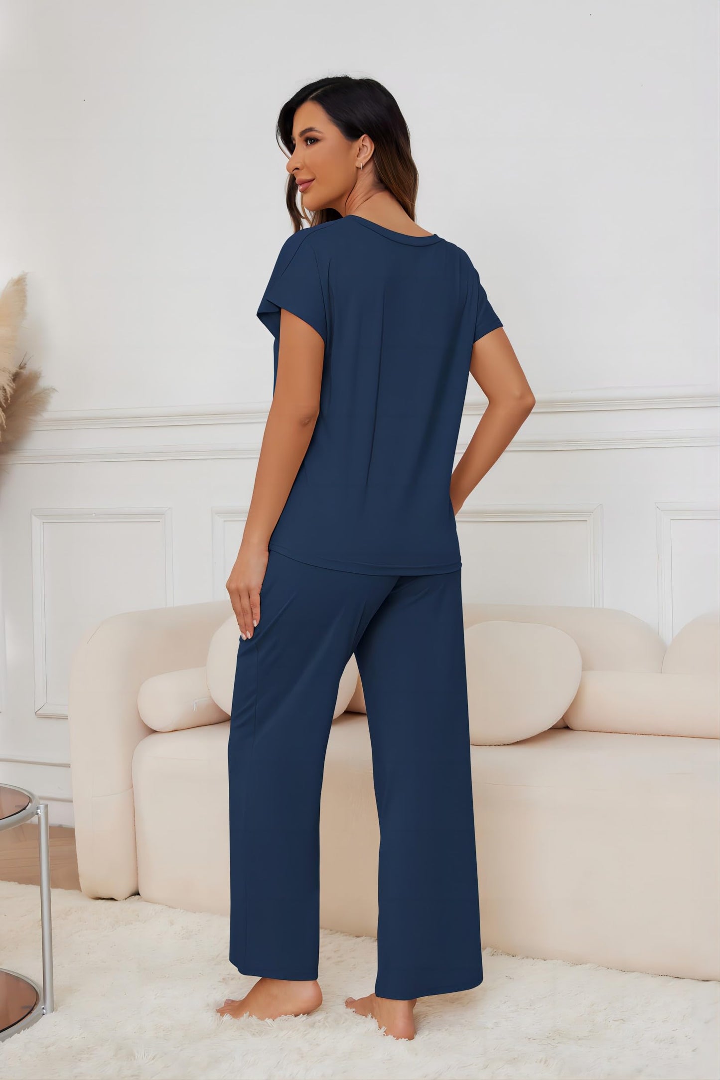 Andeip Womens Loungewear Set V-Neck Top and Wide Pant Sleep Set with Pockets Blue L