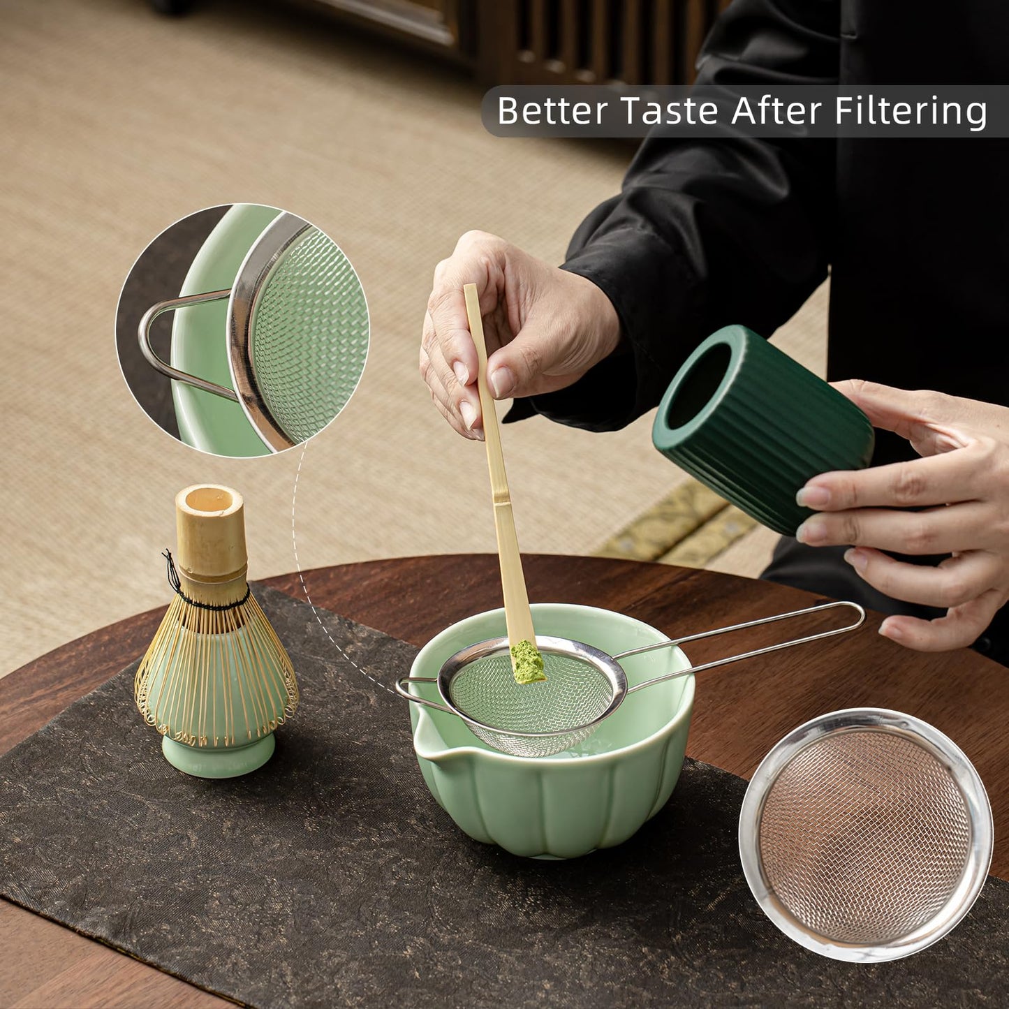 SFTXEY Matcha Whisk Set, Matcha Bowl with Spout, Matcha Whisk, Chasen Holder, Sifter, Bamboo Scoop - 5 Pcs Perfect Matcha Making Kit for Matcha Lover and Tea Ceremony (Emerald Green)
