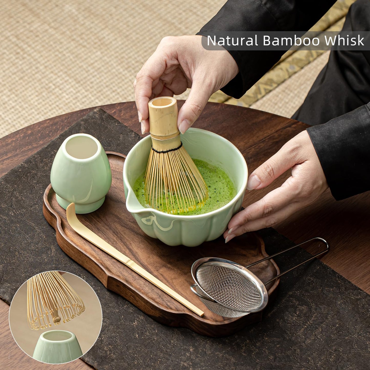 SFTXEY Matcha Whisk Set, Matcha Bowl with Spout, Matcha Whisk, Chasen Holder, Sifter, Bamboo Scoop - 5 Pcs Perfect Matcha Making Kit for Matcha Lover and Tea Ceremony (Emerald Green)