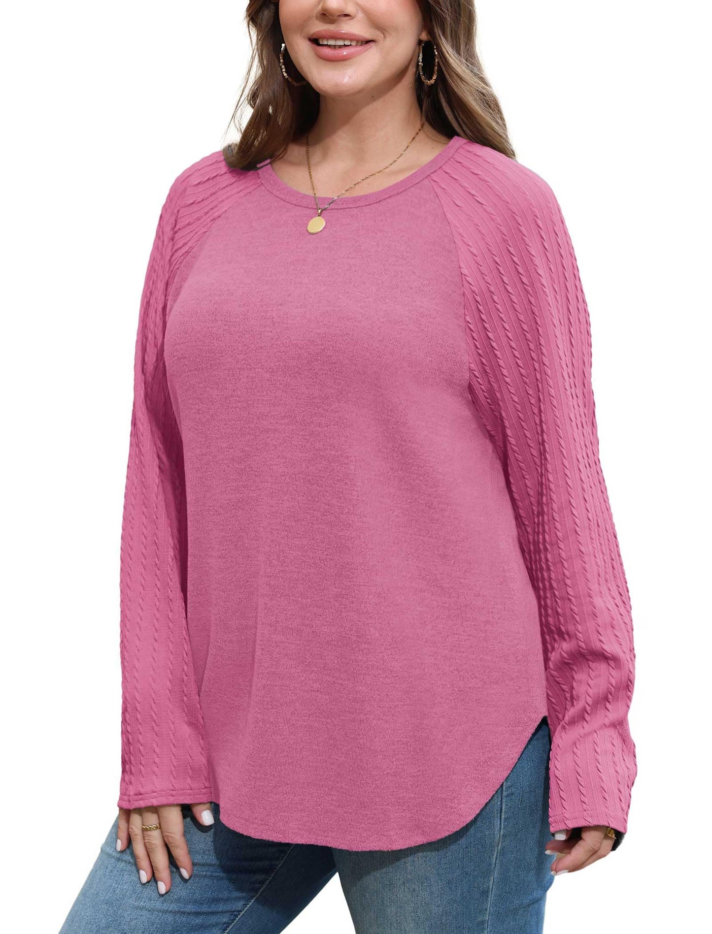 SAMPEEL Womens Clothing Teacher Shirts Long Sleeve Tunic Tops Crew Neck Sweaters Hot Pink M
