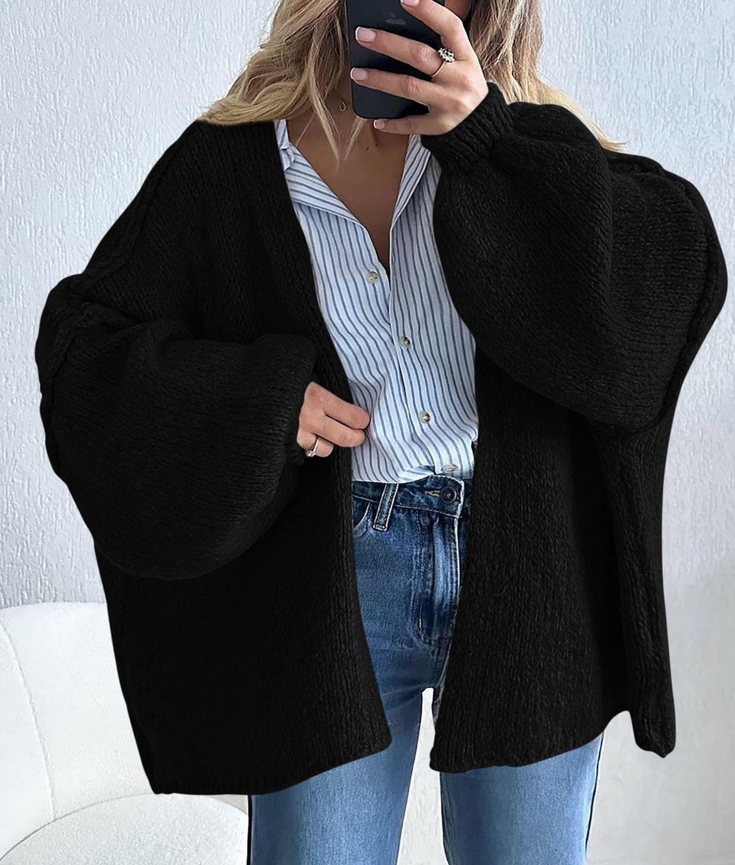 PRETTYGARDEN Womens Oversized Cardigan Sweaters 2025 Fall Long Lantern Sleeve Knit Open Front Lightweight Sweater (Black,Small)
