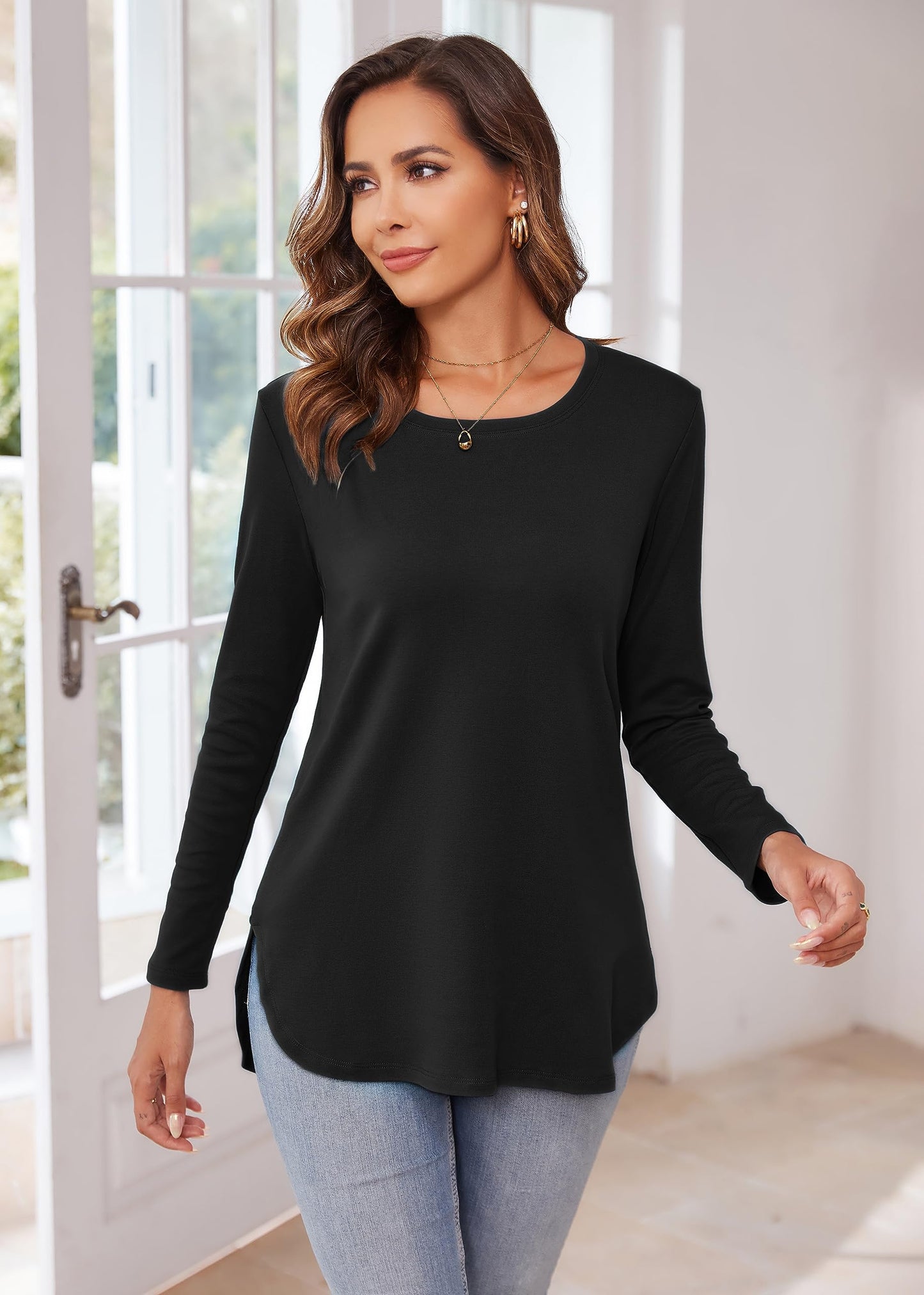 Herou Women's Casual Long Sleeve T Shirt Crewneck With Side Split Fall Pullover Loose Tunic Sweater Tops
