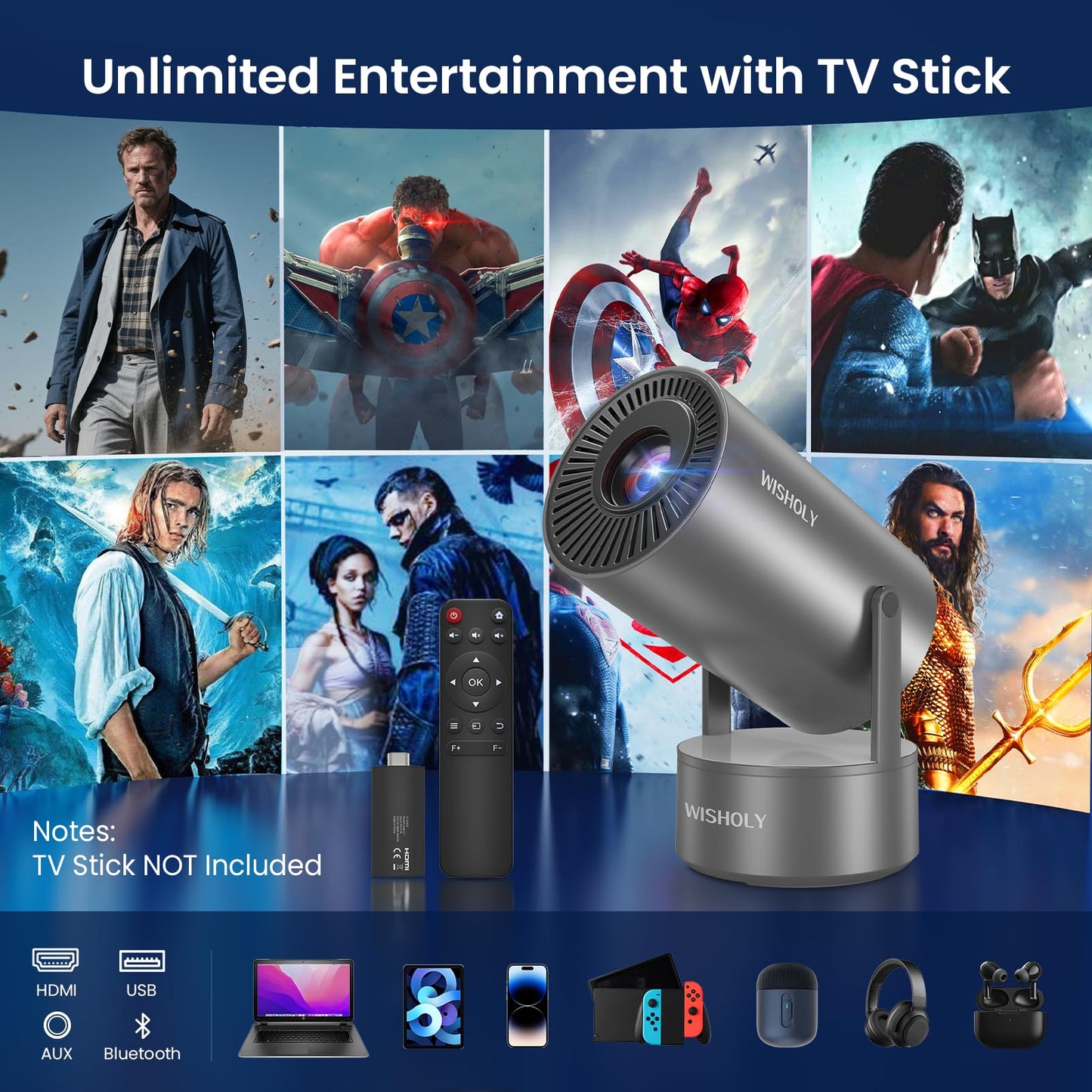 WISHOLY Projector with WiFi and Bluetooth, Mini Portable Projector with Built-in Rechargeable Battery for Outdoor, 1080P Supported, Electric Focus & Auto Keystone, Home Theater with 210° Mount