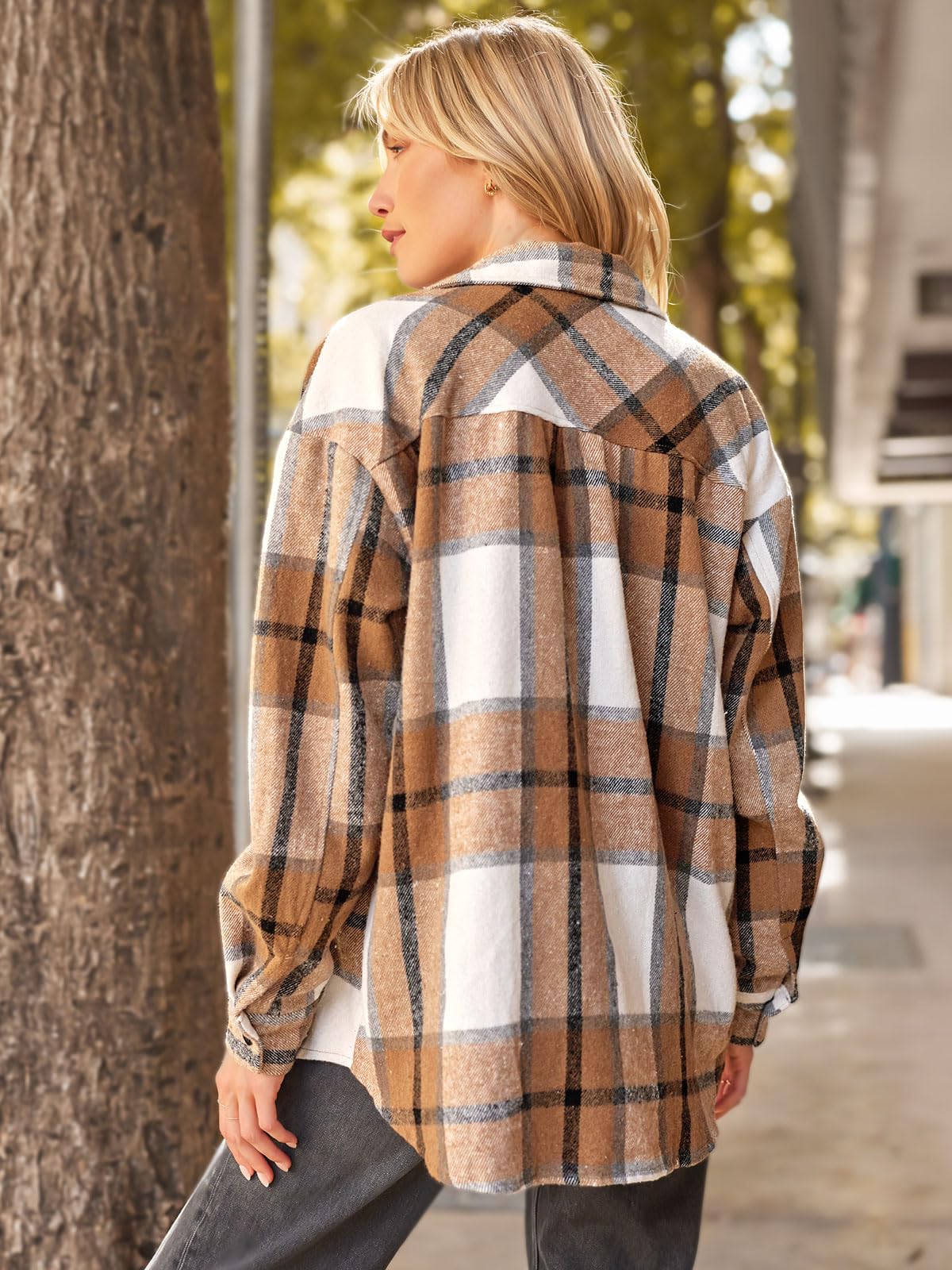 AUTOMET Womens Fall Outfits Fashion Clothes Shackets Flannel Plaid Button Down Long Sleeve Shirts Jackets Apricot XL