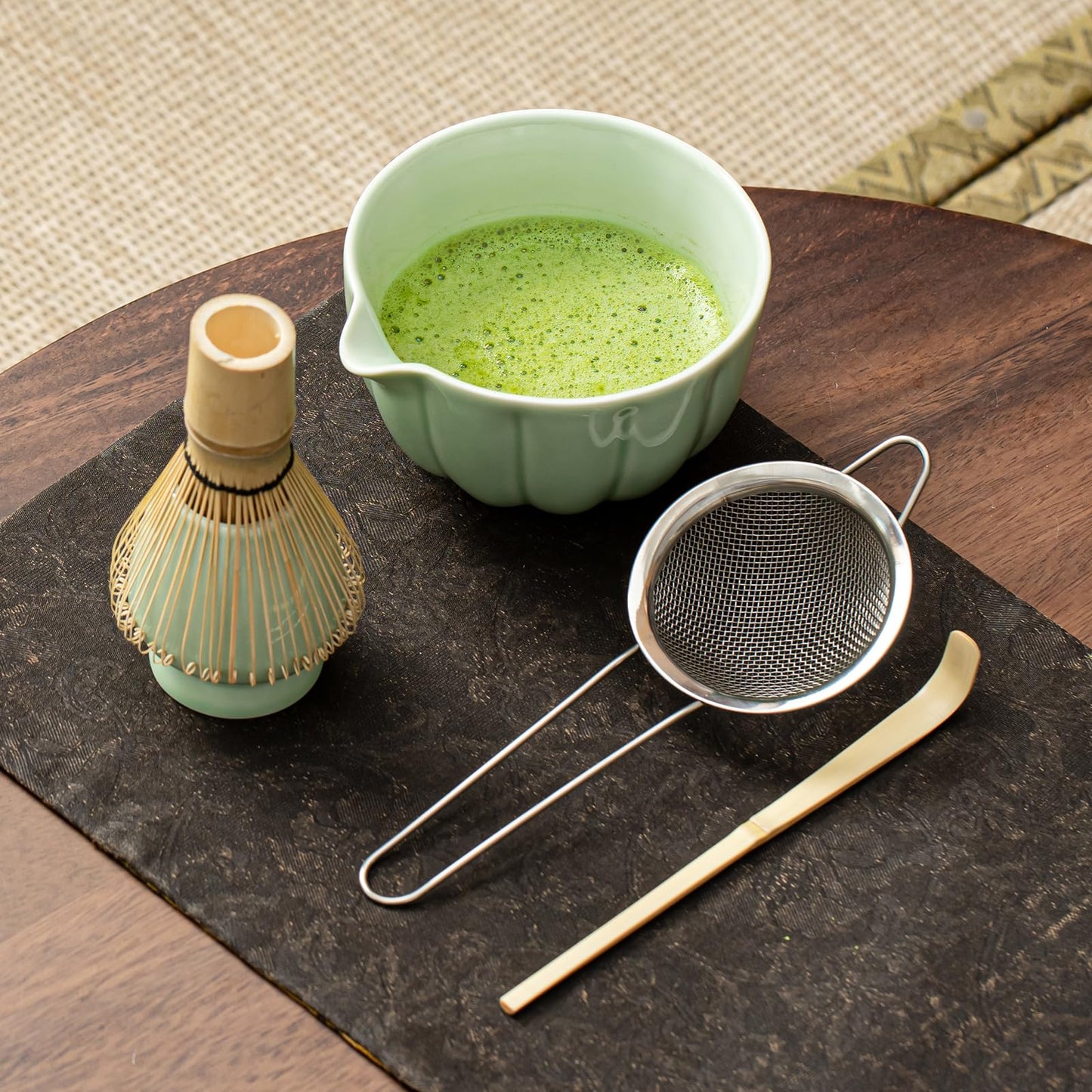 SFTXEY Matcha Whisk Set, Matcha Bowl with Spout, Matcha Whisk, Chasen Holder, Sifter, Bamboo Scoop - 5 Pcs Perfect Matcha Making Kit for Matcha Lover and Tea Ceremony (Emerald Green)