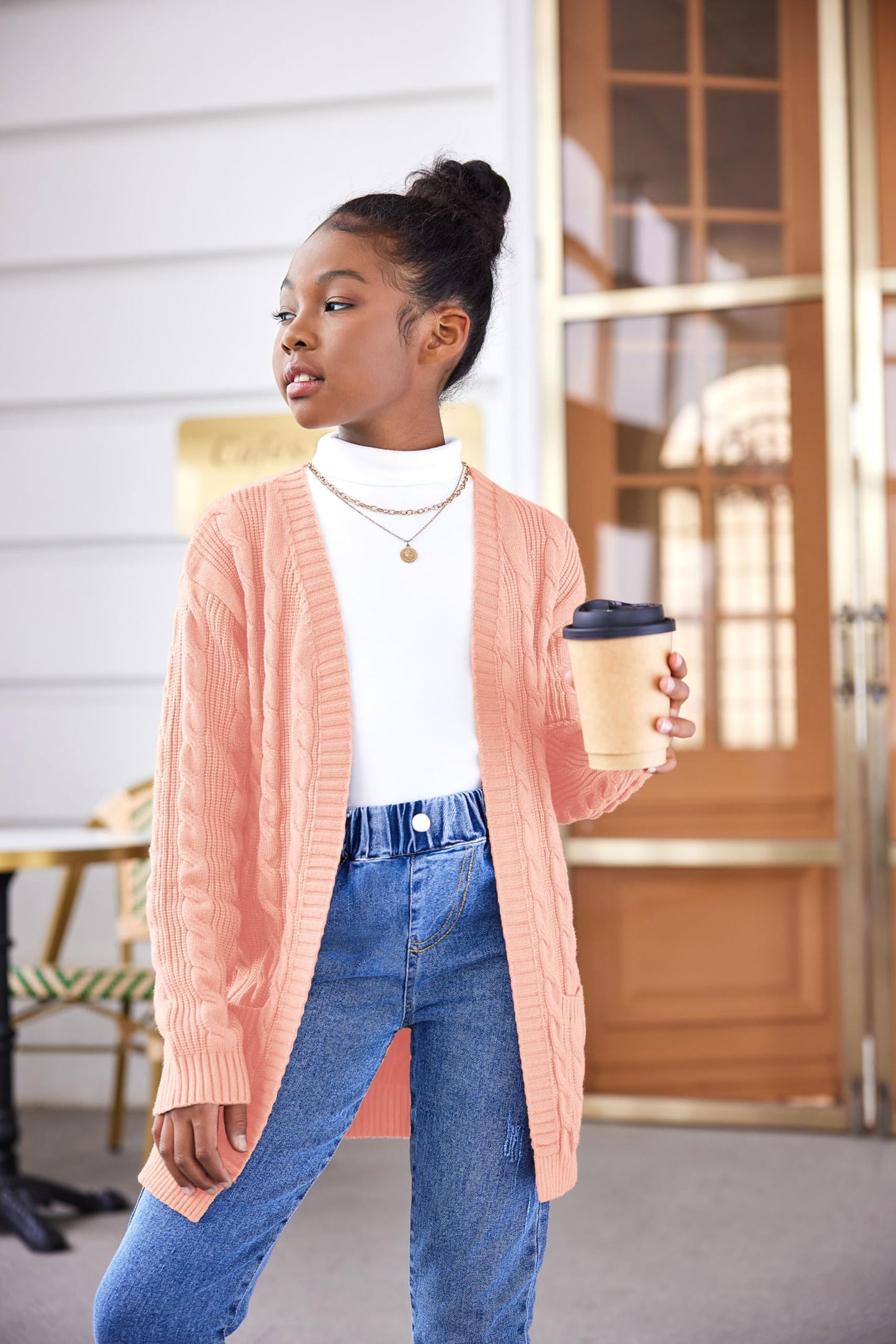 Arshiner Girls Long Sleeve Sweater Kids Plain Holiday Cardigan Clothes Thick Knit Drop Shoulder Clothing Pink