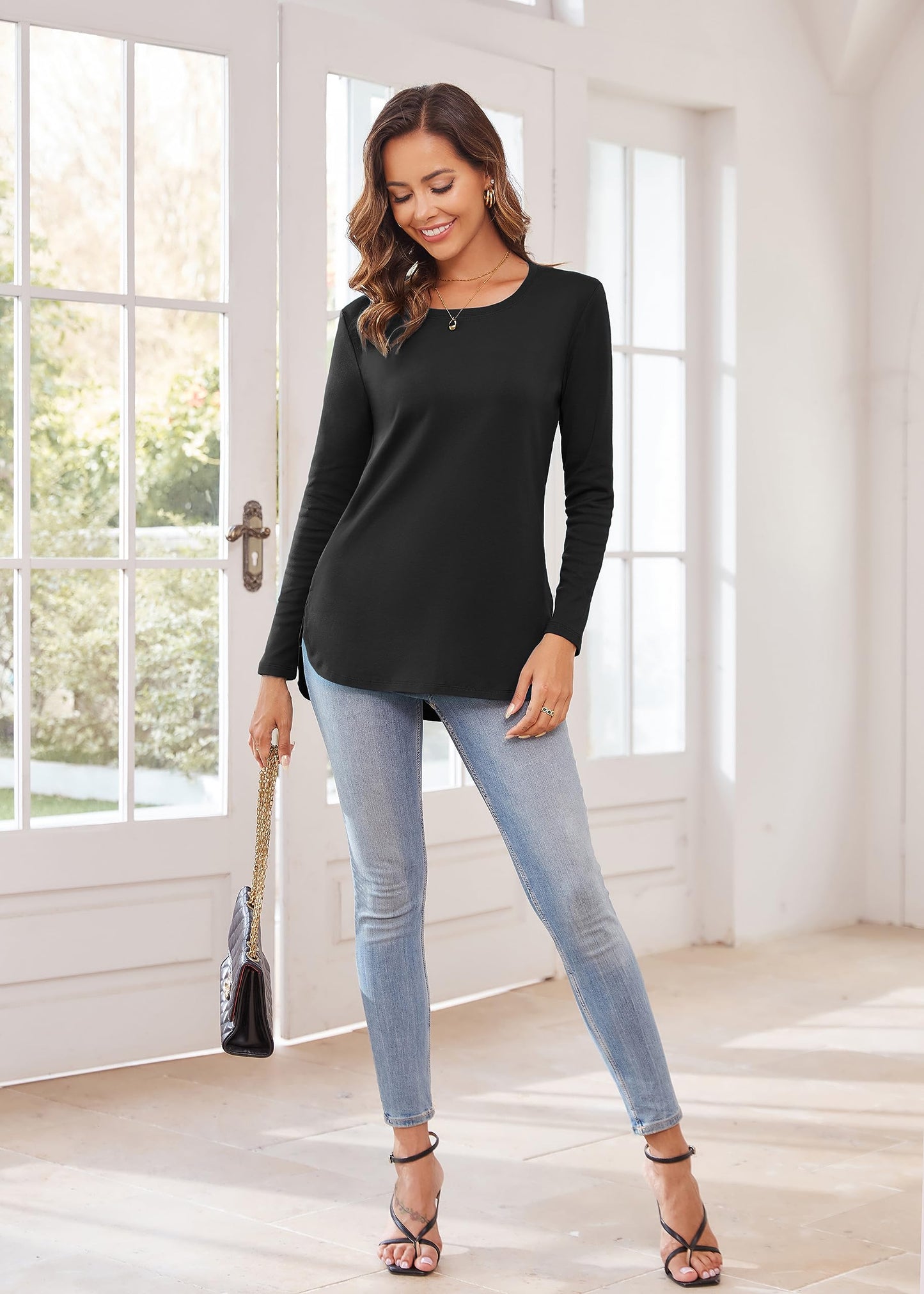 Herou Women's Casual Long Sleeve T Shirt Crewneck With Side Split Fall Pullover Loose Tunic Sweater Tops