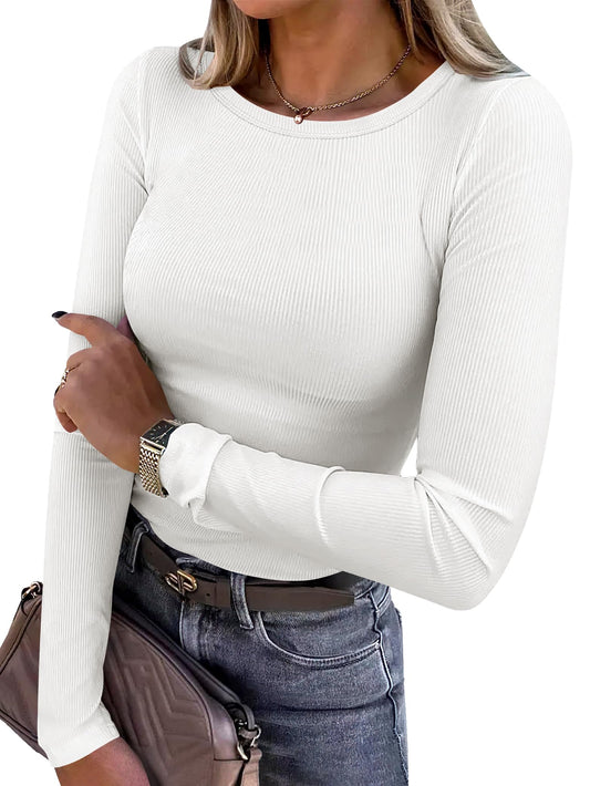 ANRABESS Women Long Sleeve Crewneck Rib Knit Slim Fit Shirts Basic Tee Tops 2025 Casual T-Shirt Underscrubs Layer Outfits White X-Large