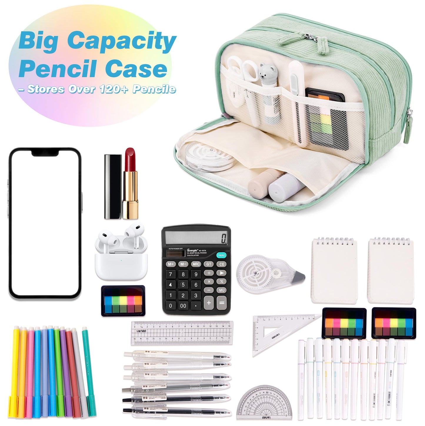 JAESITETER Big Capacity Pencil case,Soft Corduroy Pencil Bag with 3 Compartment Pouch Bag for School Supplies Office for Teen Girls Boys Women Man