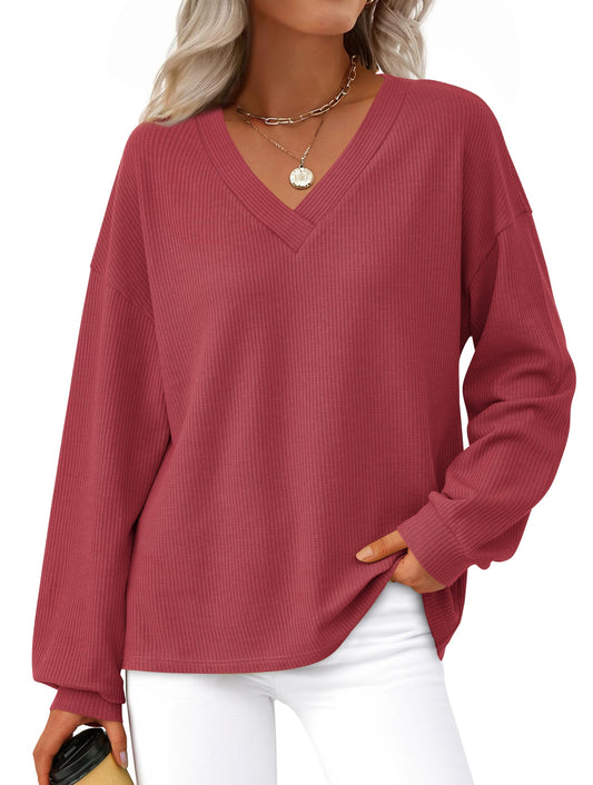MASCOMODA Womens Tops Casual V Neck Waffle Knit Long Sleeve Shirts Trendy Loose Tunic Pullover Work Blouses Fall Outfits(Red,Medium)