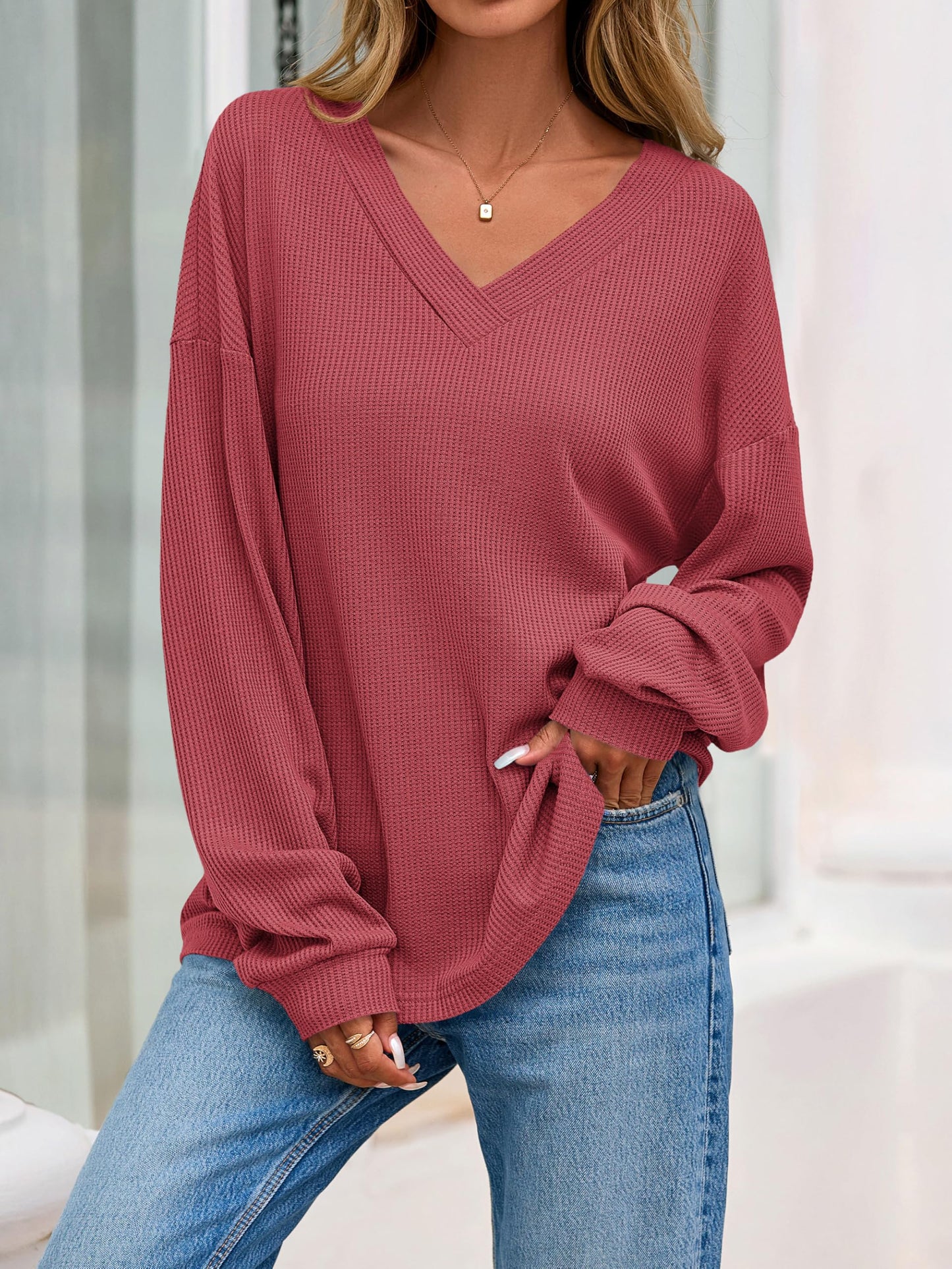 MASCOMODA Womens Tops Casual V Neck Waffle Knit Long Sleeve Shirts Trendy Loose Tunic Pullover Work Blouses Fall Outfits(Red,Medium)